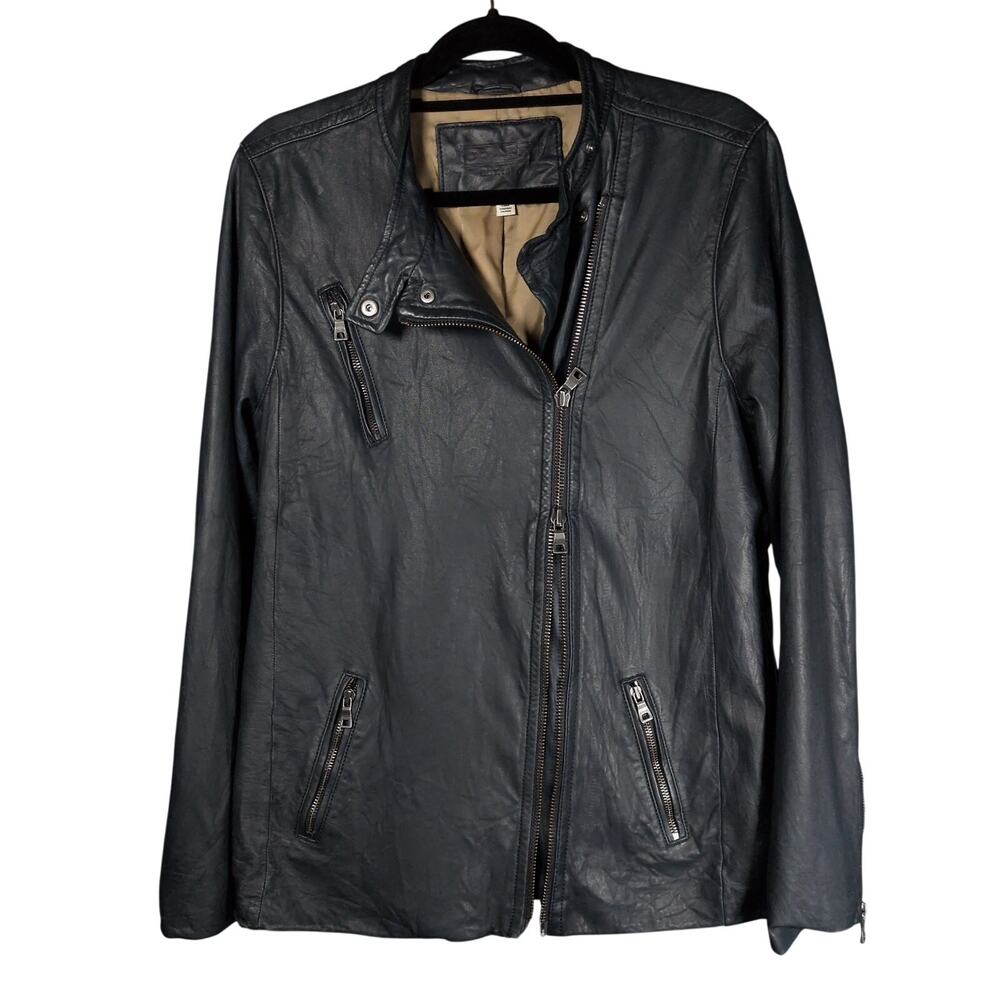 COACH Women's Leather Jacket Grey/Blue Dual Full Zip Moto Pockets Size XL